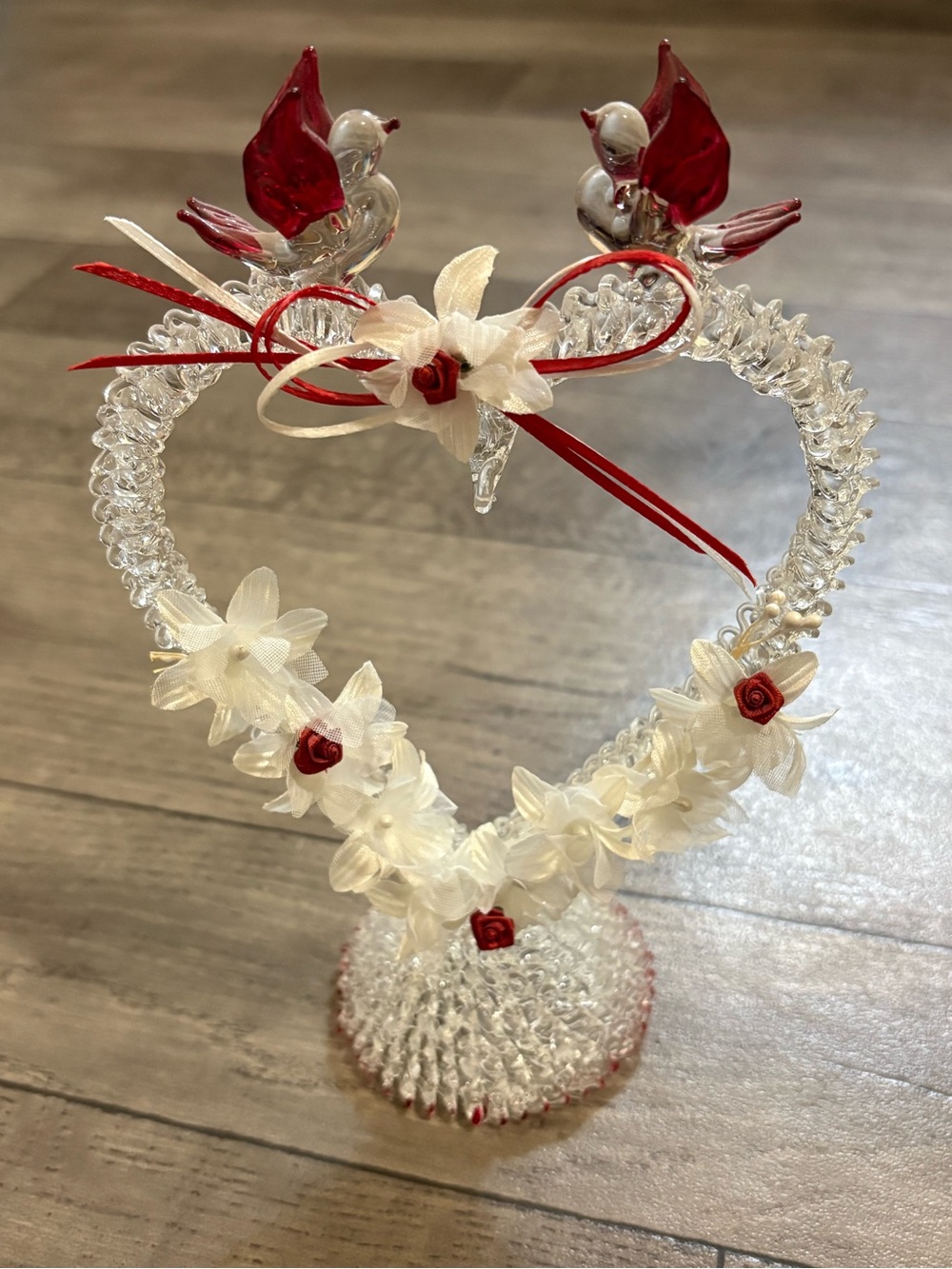 Vintage Mid-Century Modern Clear Spun Glass Heart Sculpture with Love Birds